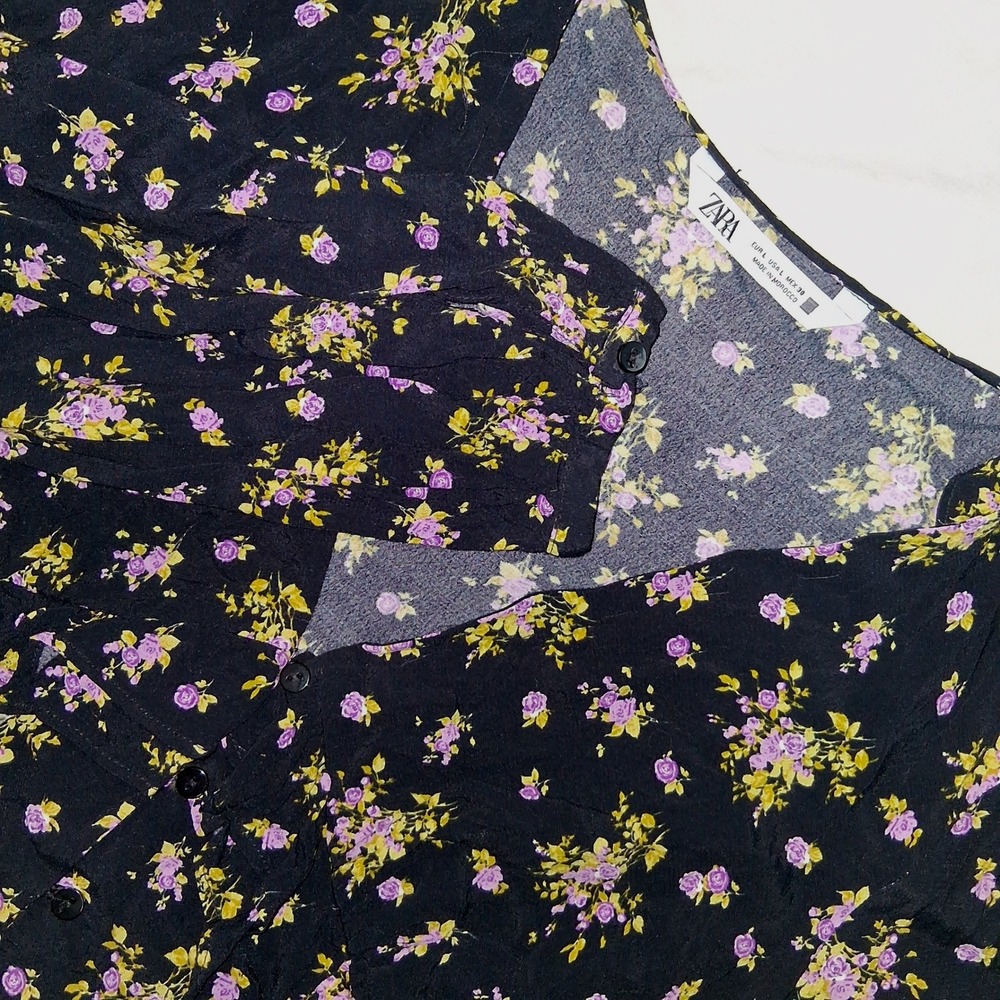 ZARA Black Floral Print Long Sleeve V Neck Crop Top Women's Size‎ L